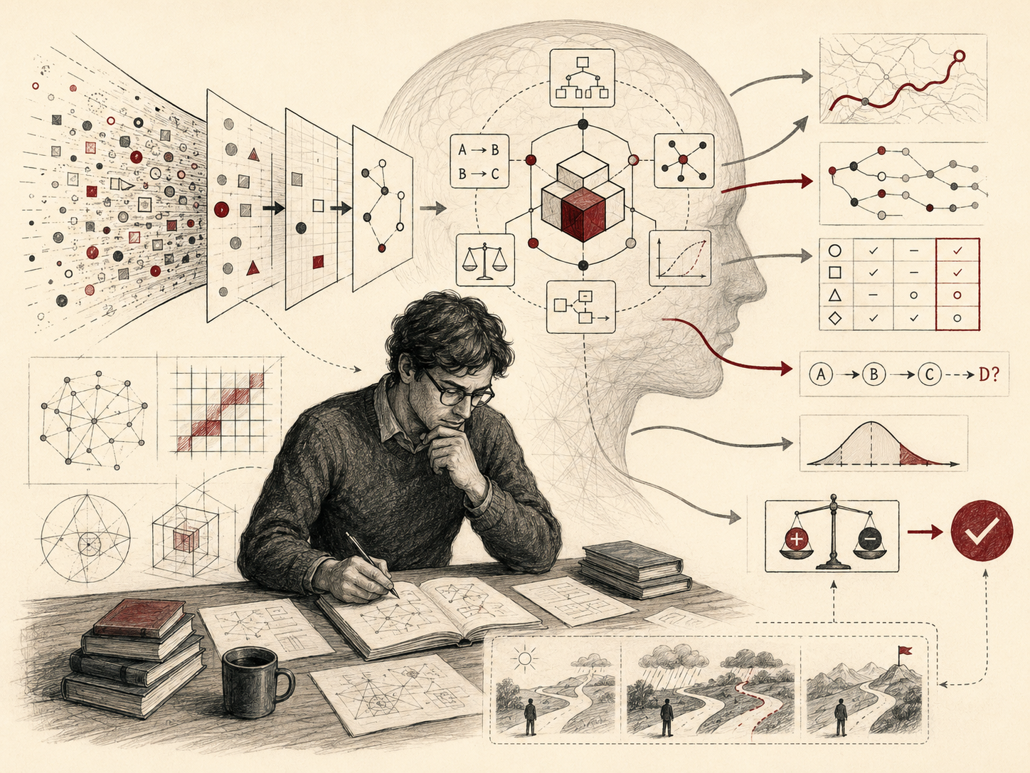 Restrained institutional illustration showing cognitive reasoning through mental models, with information filtered into internal structures, symbolic maps, causal chains, decision paths, uncertainty, evaluation, and outcomes.