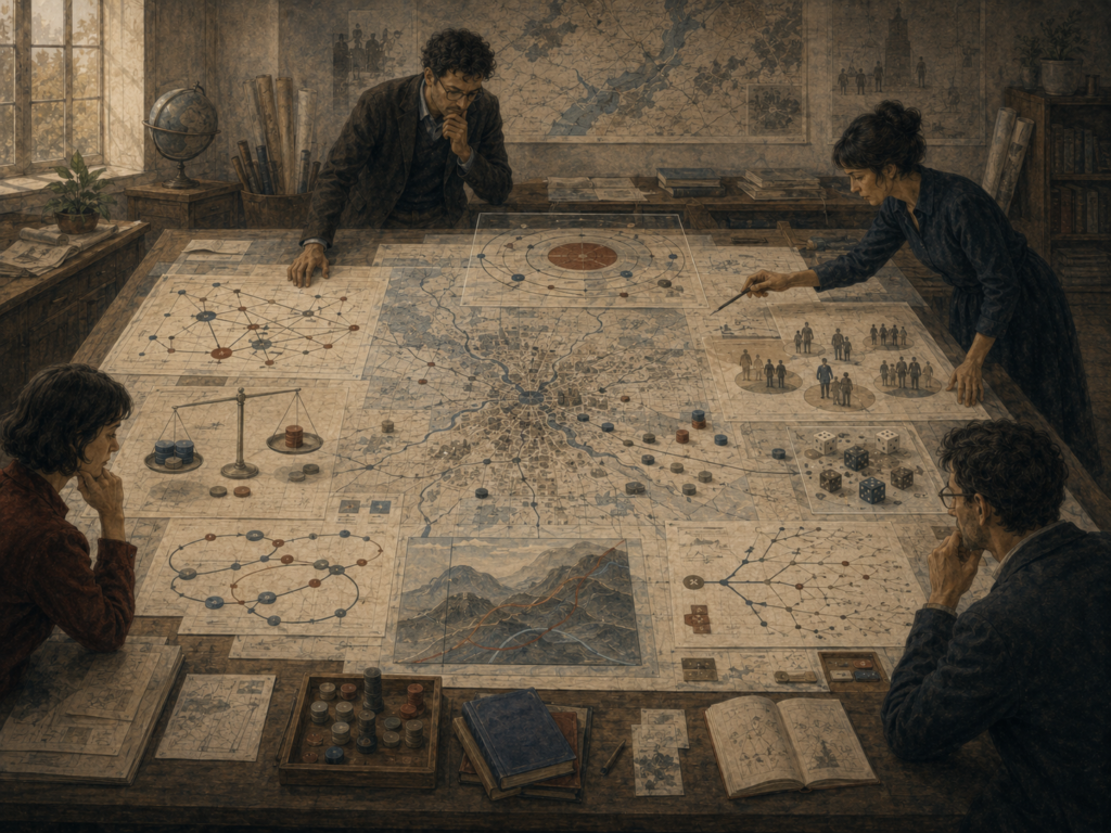 Analysts study layered maps, causal diagrams, stakeholder frames, trade-off models, and risk markers on a large planning table, representing mental models in strategic thinking.