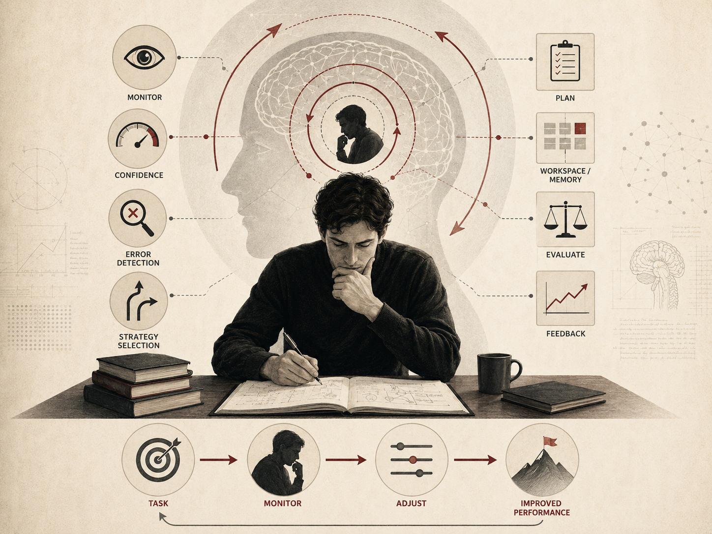 Institutional research illustration showing metacognition as a reflective cognitive process involving monitoring, confidence, error detection, strategy selection, planning, evaluation, feedback, and self-adjustment.