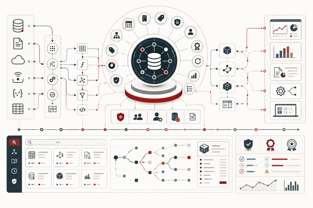 Conceptual data-systems illustration showing metadata, data catalogs, lineage paths, governance controls, discovery interfaces, quality indicators, and connected analytical outputs across a modern data platform.