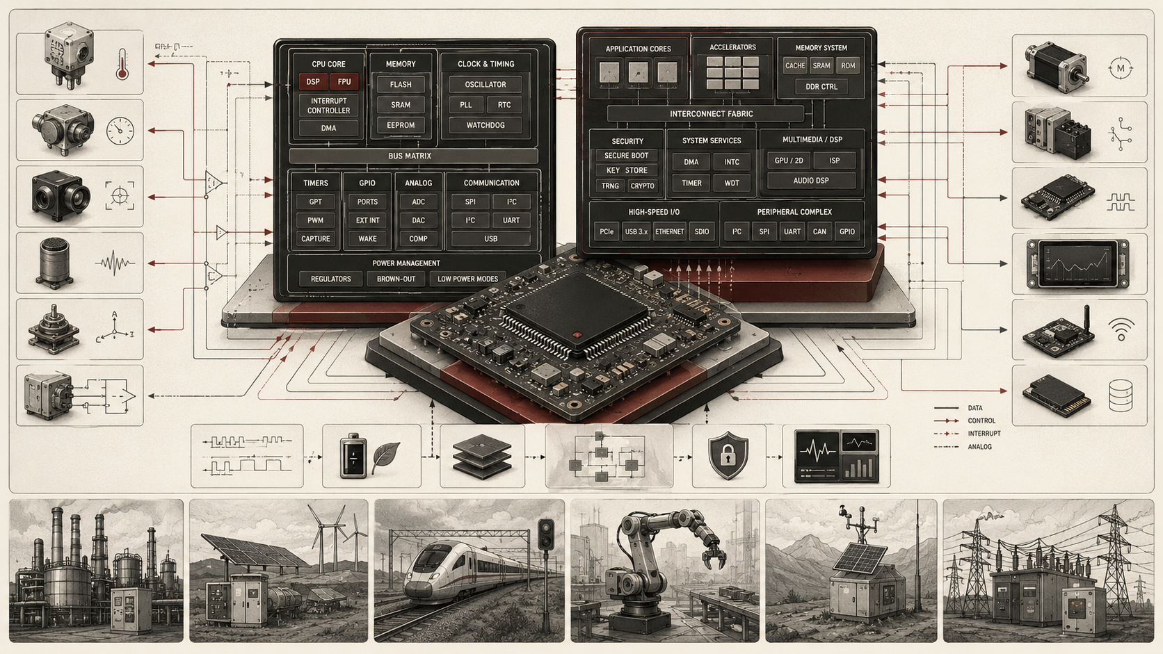 Institutional systems-research illustration of microcontroller and system-on-chip architecture, showing CPU cores, memory, timing, peripherals, communication interfaces, sensors, actuators, and embedded-system environments.