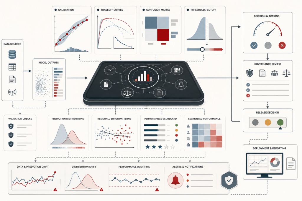 Conceptual machine-learning evaluation illustration showing calibration curves, thresholds, confusion matrices, prediction distributions, error patterns, drift monitoring, governance review, and model-quality decisions.