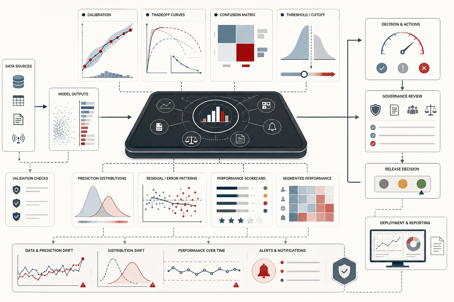 Conceptual machine-learning evaluation illustration showing calibration curves, thresholds, confusion matrices, prediction distributions, error patterns, drift monitoring, governance review, and model-quality decisions.