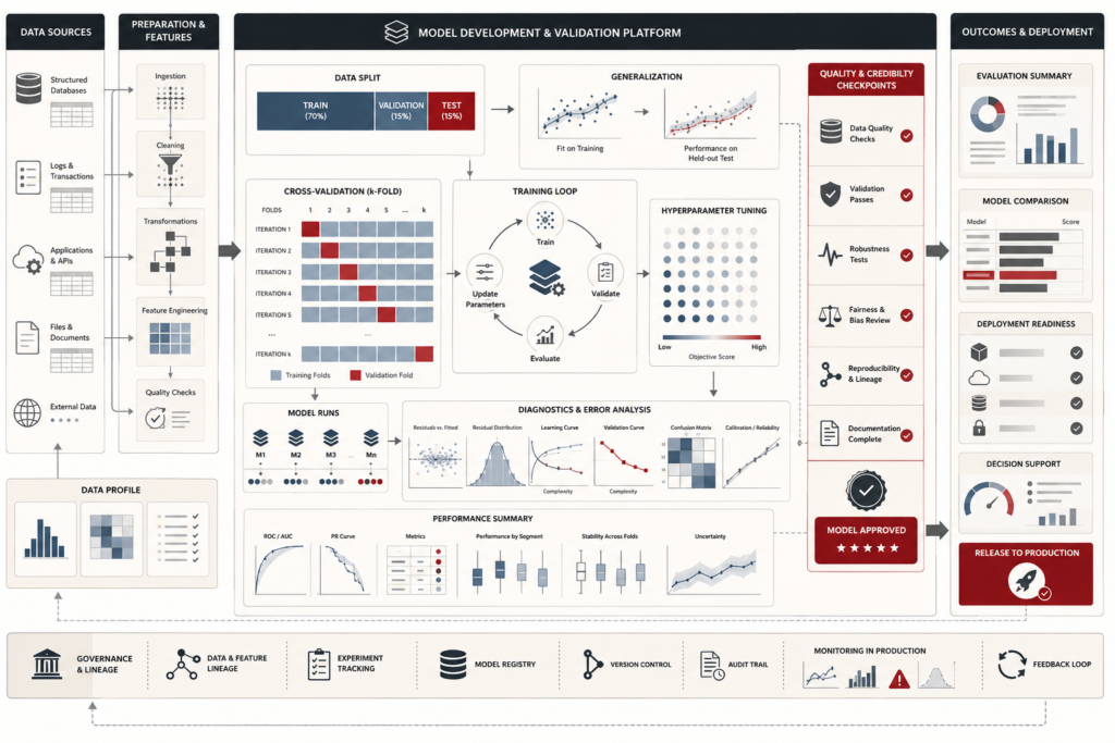 Conceptual machine-learning workflow showing data preparation, train-validation-test splits, cross-validation, training loops, hyperparameter tuning, diagnostics, performance summaries, governance review, and deployment readiness.