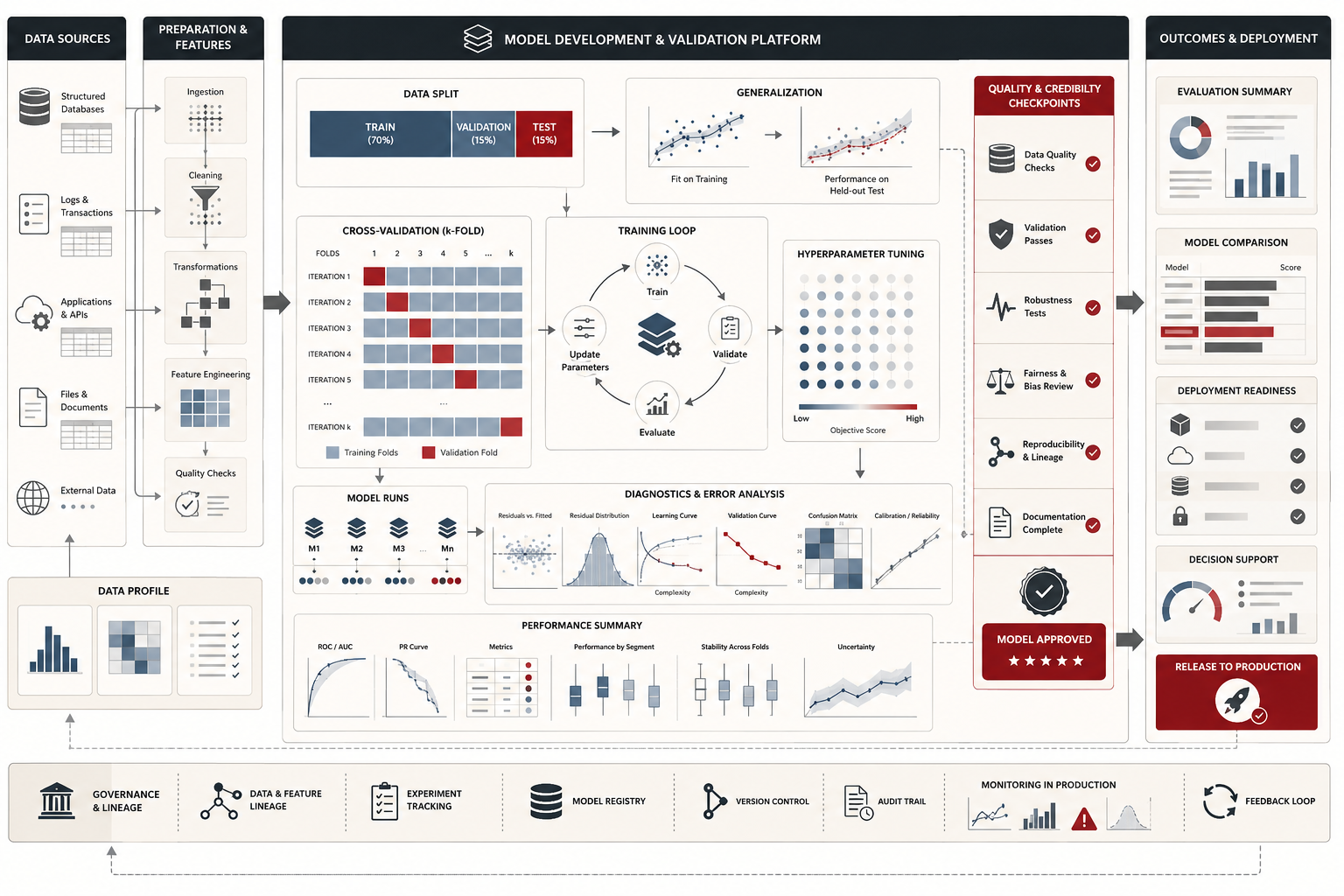 Conceptual machine-learning workflow showing data preparation, train-validation-test splits, cross-validation, training loops, hyperparameter tuning, diagnostics, performance summaries, governance review, and deployment readiness.