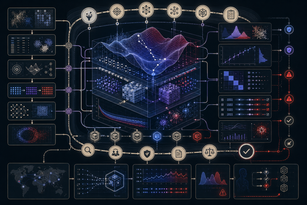 Machine learning training and evaluation system showing datasets, loss surfaces, gradient descent paths, optimizer trajectories, validation and testing splits, calibration review, learning curves, robustness diagnostics, distribution-shift monitoring, governance checkpoints, human oversight, and audit controls.