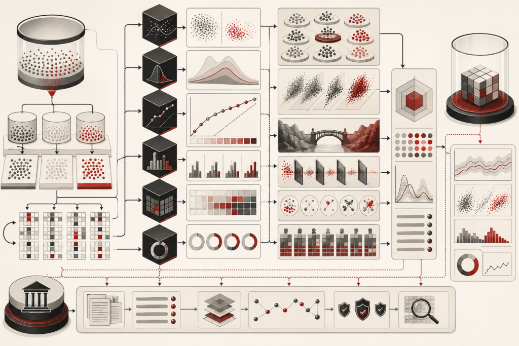 Abstract editorial illustration showing machine learning model validation through train, validation, and test partitions, cross-validation folds, benchmark panels, calibration diagnostics, distribution-shift tests, robustness gates, deployment monitoring, and governance checkpoints.