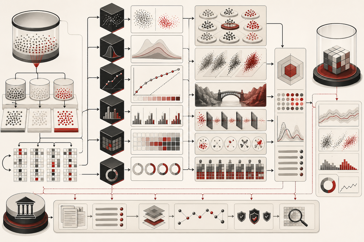 Abstract editorial illustration showing machine learning model validation through train, validation, and test partitions, cross-validation folds, benchmark panels, calibration diagnostics, distribution-shift tests, robustness gates, deployment monitoring, and governance checkpoints.