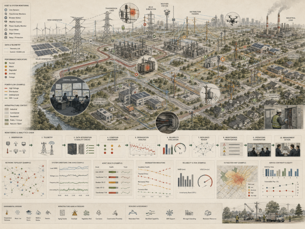 Restrained energy infrastructure monitoring diagram showing transmission lines, substations, distributed generation, sensors, telemetry, asset health, degradation analysis, reliability indicators, and resilience workflows.