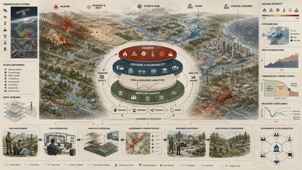 Environmental risk and resilience systems diagram showing hazards, exposure, resilience analytics, adaptive capacity, monitoring networks, recovery pathways, and governance coordination.