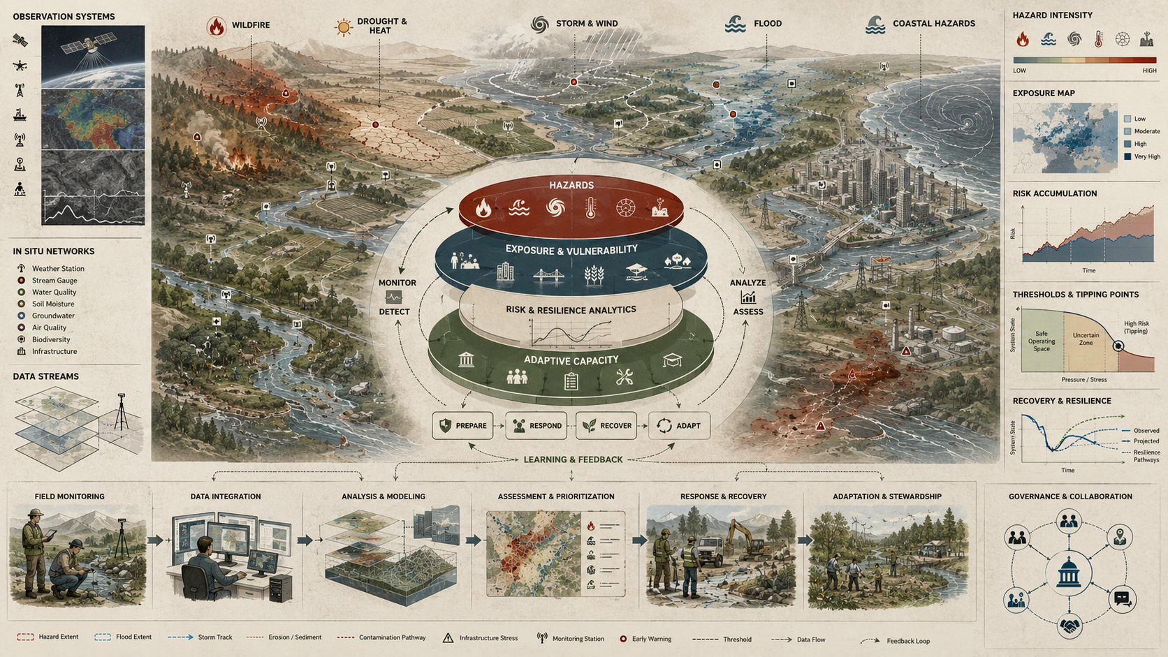 Environmental risk and resilience systems diagram showing hazards, exposure, resilience analytics, adaptive capacity, monitoring networks, recovery pathways, and governance coordination.