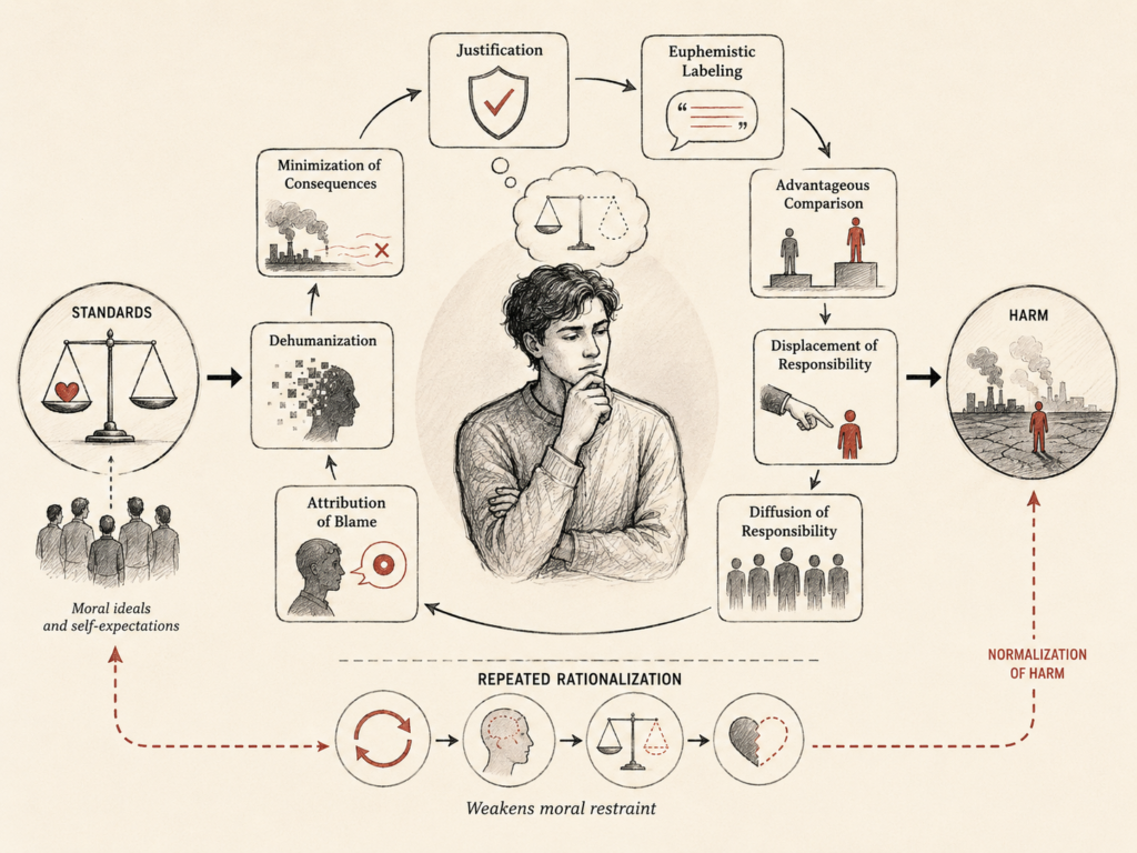 Restrained institutional research illustration showing moral disengagement as a cycle of rationalization, including justification, euphemistic labeling, advantageous comparison, displacement and diffusion of responsibility, blaming, dehumanization, minimization of consequences, and normalization of harm.