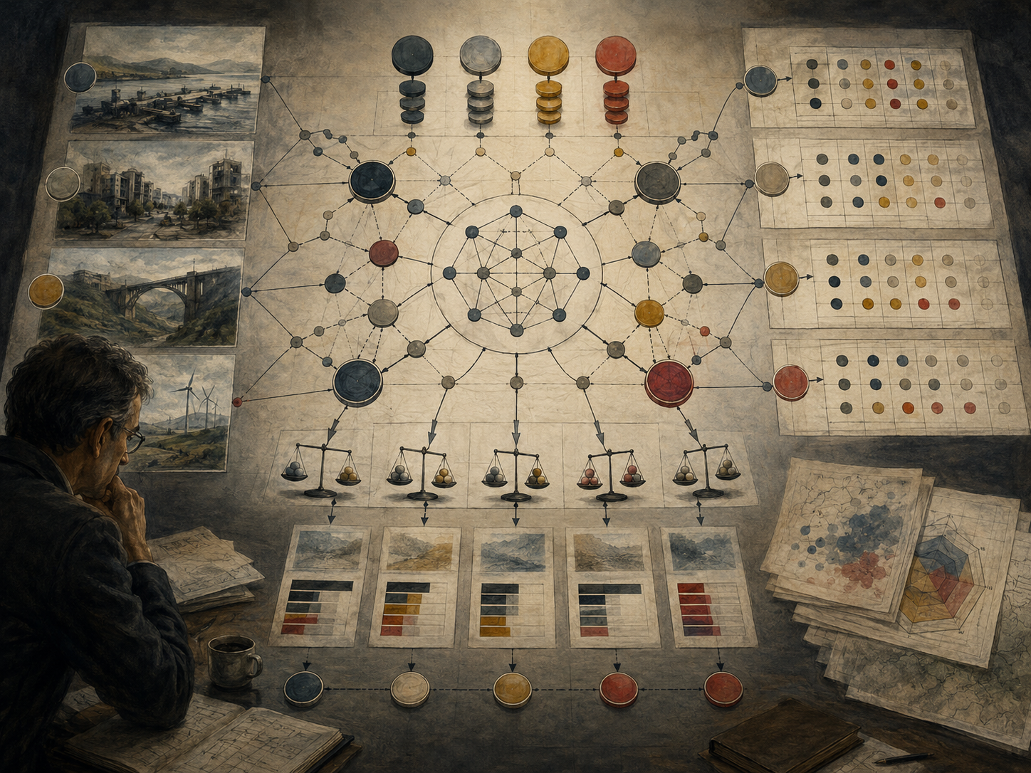 Painterly editorial illustration of multi-criteria decision analysis with a reflective analyst, weighted criteria, decision matrices, tradeoff scales, alternative options, and structured comparison diagrams.