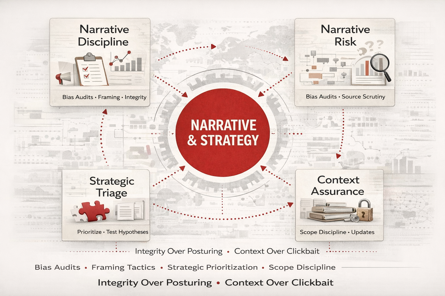 Diagram showing narrative and strategy connected to narrative discipline, narrative risk, strategic triage, and context assurance.