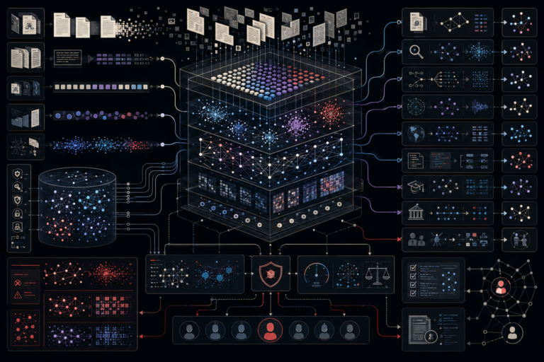 Natural language processing system showing document flows, token grids, embeddings, transformer layers, attention pathways, retrieval nodes, generated outputs, grounding checks, uncertainty review, provenance trails, human oversight, and audit controls.