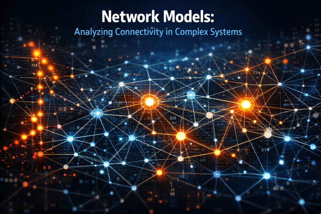 Visualization of a complex network model showing interconnected nodes, hubs, and edges representing relationships in a complex system.