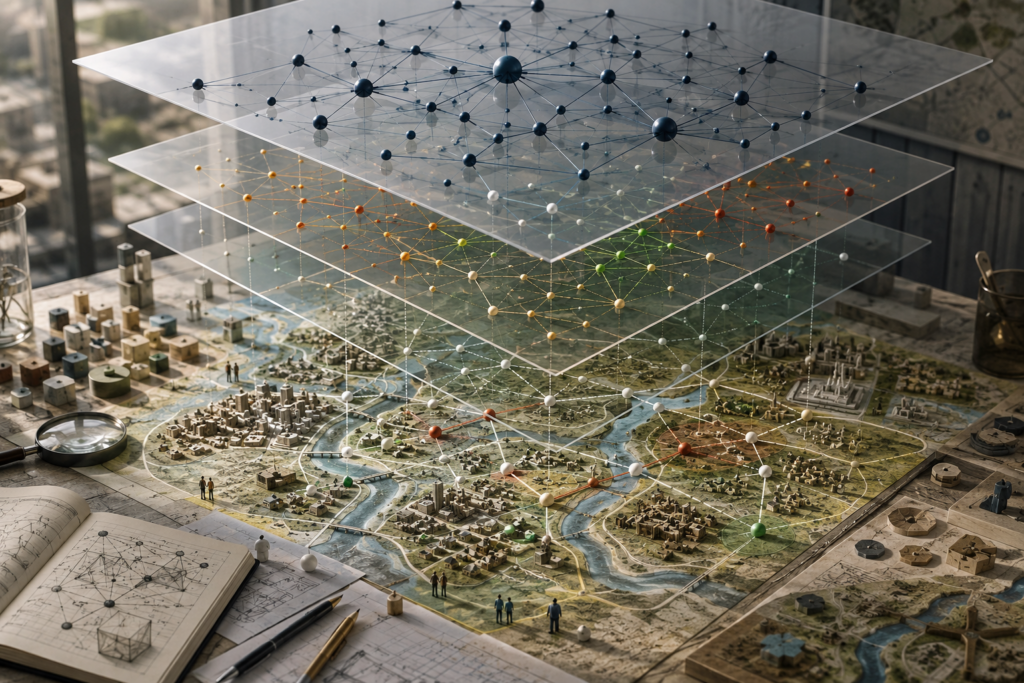 Layered network model above a miniature landscape with cities, waterways, infrastructure, nodes, links, clustered communities, and translucent analytical planes.
