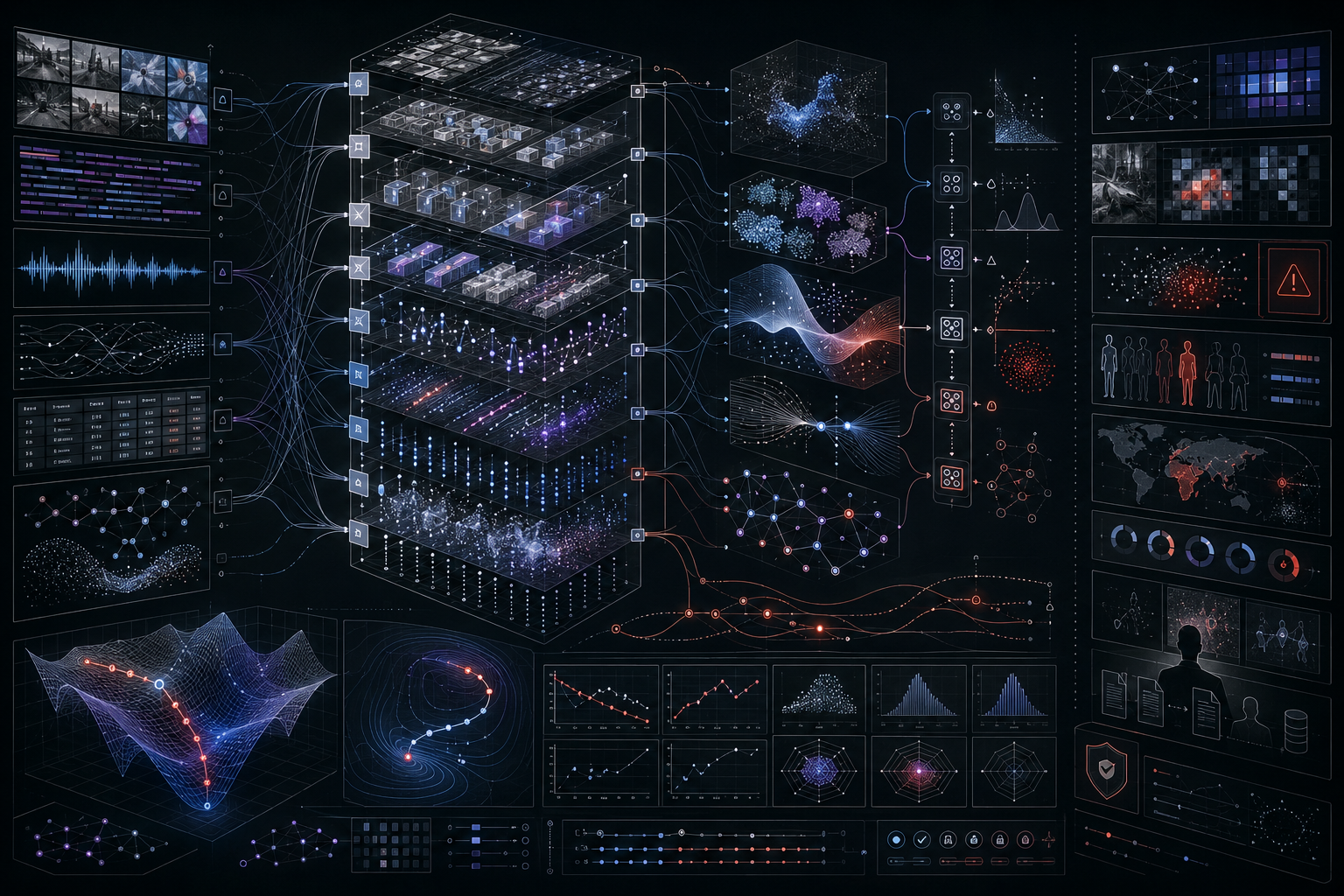 Neural network architecture showing raw data transformed through layered representations, activation maps, weighted connections, latent embeddings, decision surfaces, gradient paths, pattern-recognition outputs, robustness checks, human oversight, and audit controls.