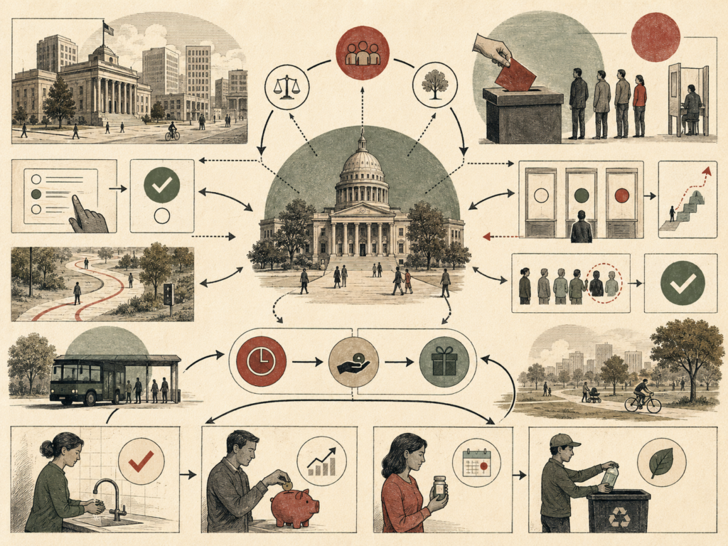 Editorial systems illustration showing nudge theory in public policy through civic institutions, decision pathways, defaults, social cues, public services, household behavior, and feedback loops.