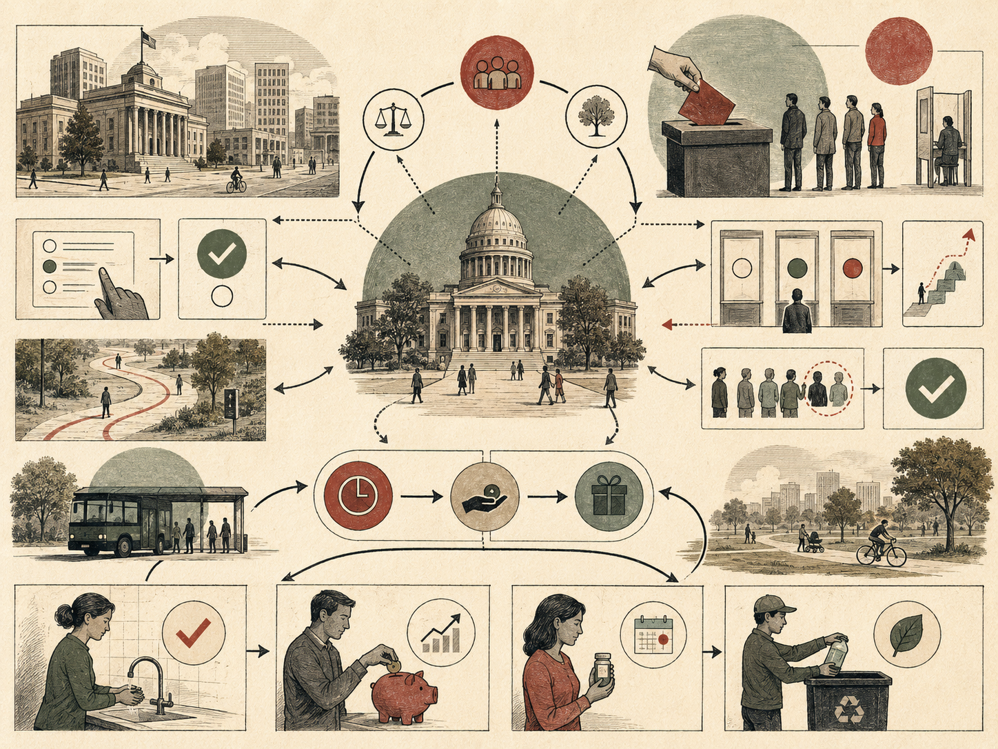 Editorial systems illustration showing nudge theory in public policy through civic institutions, decision pathways, defaults, social cues, public services, household behavior, and feedback loops.