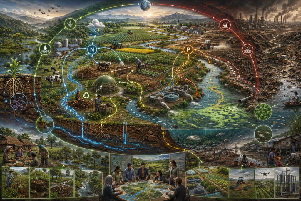 Abstract sustainability illustration of nutrient cycles, agriculture, and ecological stress, showing nitrogen, phosphorus, soil fertility, crop production, runoff, eutrophication, water quality, planetary boundaries, nutrient governance, and sustainable agriculture.