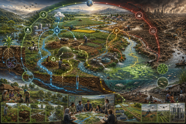 Abstract sustainability illustration of nutrient cycles, agriculture, and ecological stress, showing nitrogen, phosphorus, soil fertility, crop production, runoff, eutrophication, water quality, planetary boundaries, nutrient governance, and sustainable agriculture.