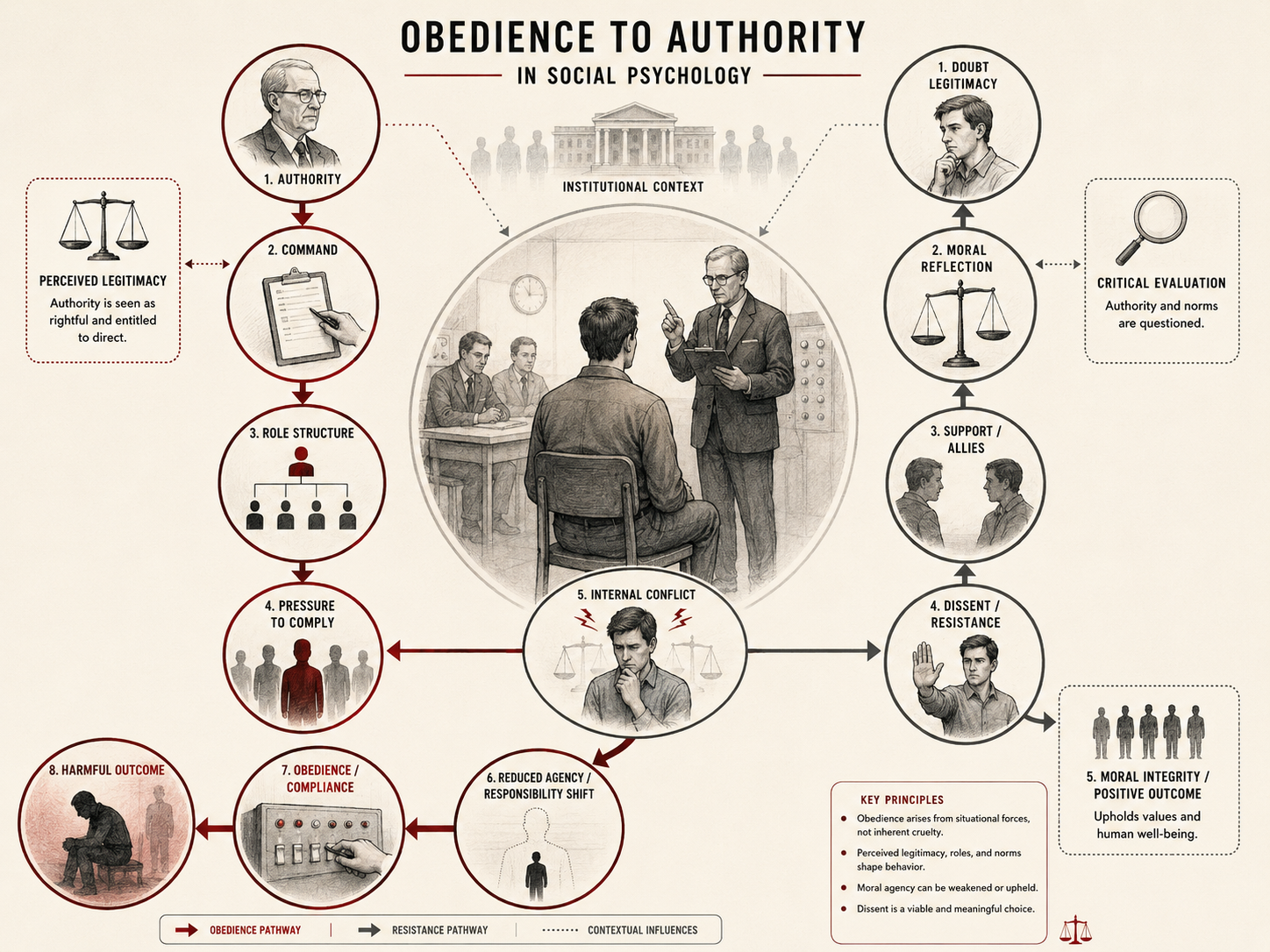 Restrained institutional research illustration showing obedience, authority, and social power as a social-psychological process involving perceived legitimacy, hierarchical command, role structure, pressure to comply, moral conflict, responsibility displacement, compliance, resistance, reflection, support, and dissent.