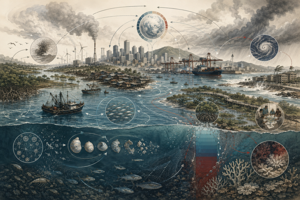 Editorial sustainability illustration showing ocean systems and coastal development as an interconnected landscape of cities, ports, fisheries, wetlands, marine food webs, coral reefs, acidification, storms, and coastal risk.
