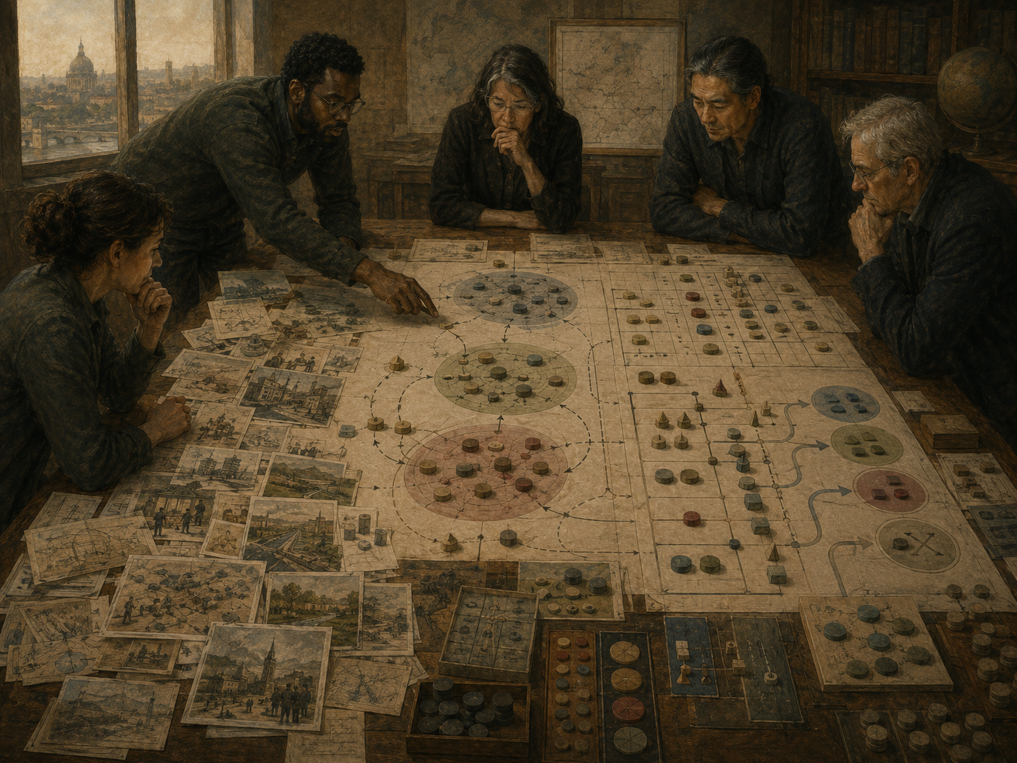 Strategists examine opportunity clusters, evidence cards, evaluation grids, risk tokens, and pathway maps on a large institutional planning table.