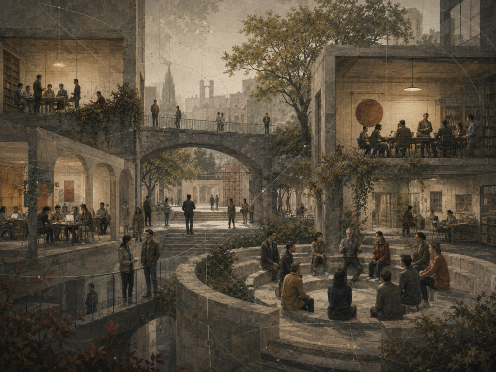 Restrained institutional illustration of people working, meeting, observing, and collaborating across layered organizational spaces, courtyards, bridges, archives, and shared rooms.