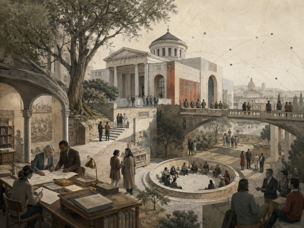 Restrained institutional illustration of civic buildings, archives, courtyards, public deliberation, organizational records, bridges, and network lines representing identity and legitimacy.