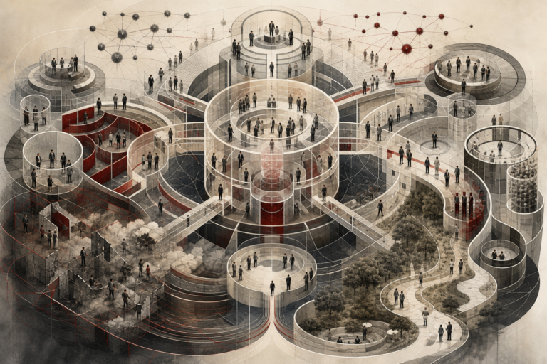 Editorial scientific illustration of organizational psychology as an institutional behavior systems architecture, showing leadership structures, team networks, communication pathways, trust systems, psychological safety, decision corridors, burnout pressure, and organizational resilience.