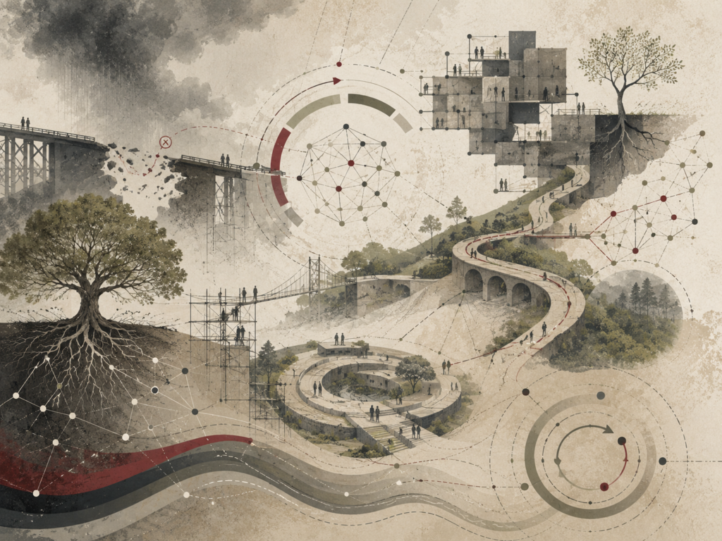 Restrained institutional illustration of damaged bridges, adaptive pathways, rooted trees, network diagrams, circular feedback loops, and modular structures representing organizational resilience in complex systems.
