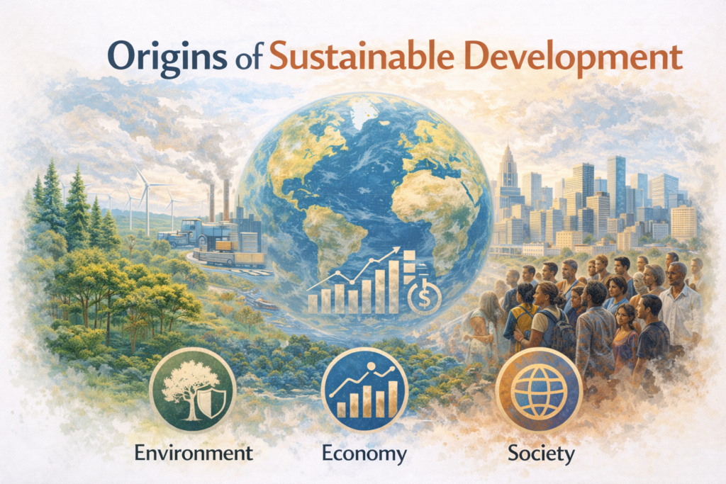 Origins of sustainable development illustration showing the relationship between environment, economy, and society in global development.