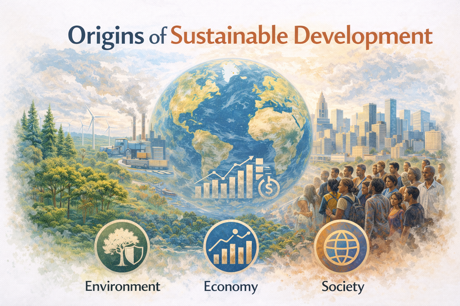 Origins of sustainable development illustration showing the relationship between environment, economy, and society in global development.