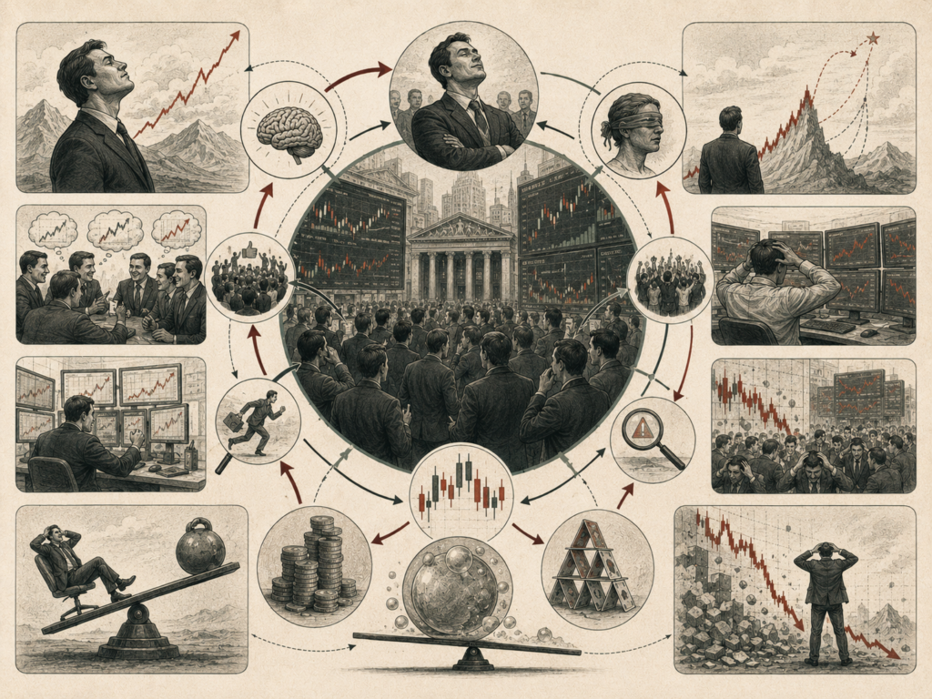 Editorial systems illustration showing overconfidence bias in financial markets through investor certainty, rising price charts, risk blindness, market bubbles, leverage, crowd optimism, volatility, and crashes.