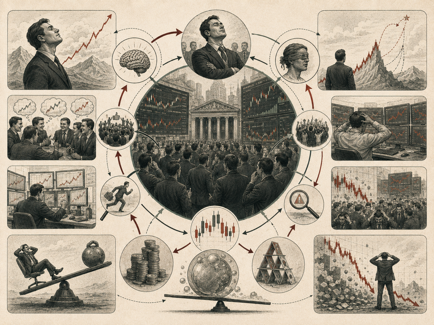 Editorial systems illustration showing overconfidence bias in financial markets through investor certainty, rising price charts, risk blindness, market bubbles, leverage, crowd optimism, volatility, and crashes.