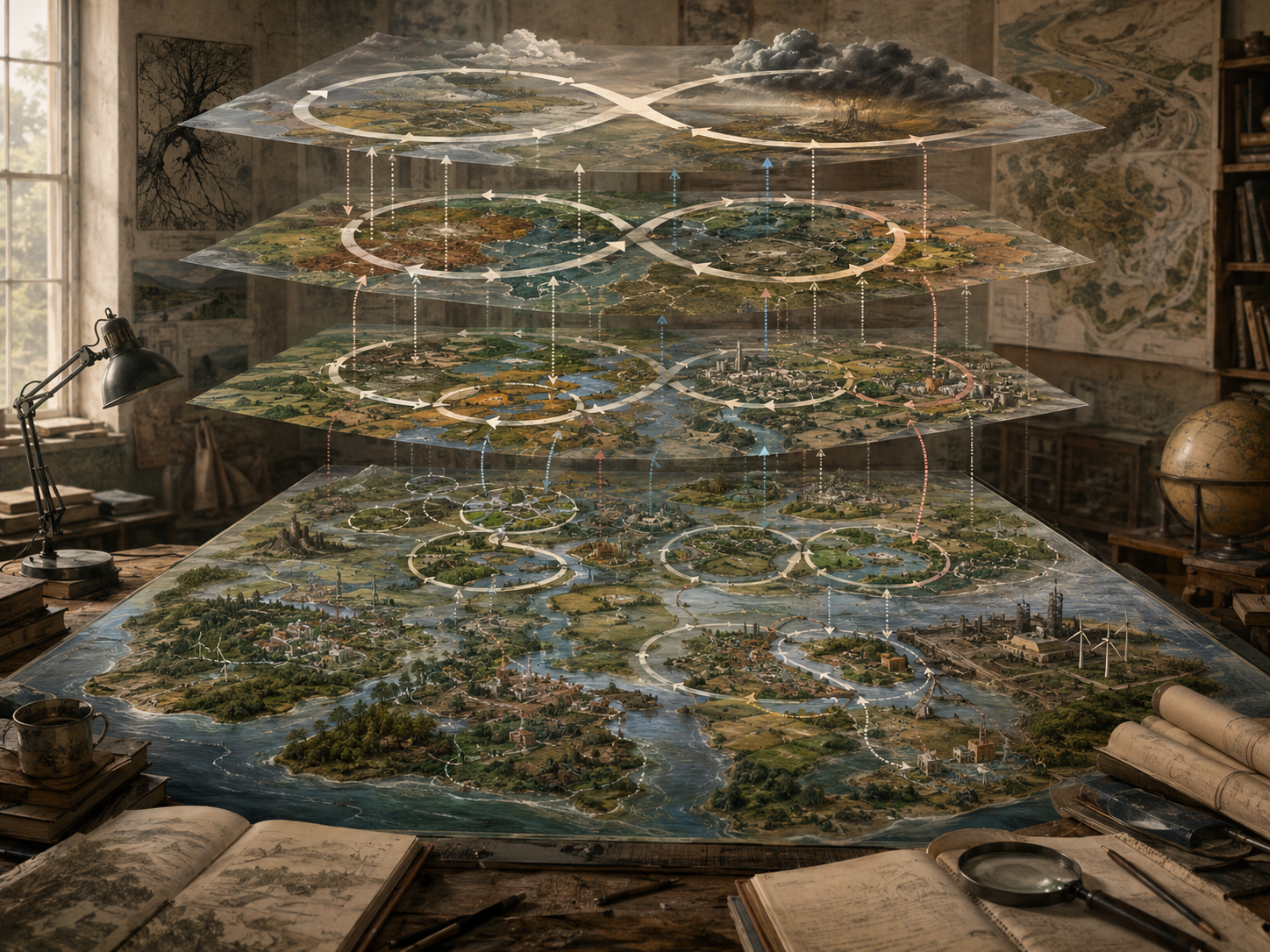 Layered systems model showing landscapes at multiple scales with circular adaptive cycles, vertical cross-scale connections, waterways, settlements, infrastructure, ecological zones, and research materials.