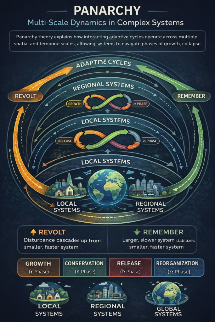 Infographic illustrating panarchy theory and multi-scale dynamics in complex systems, showing adaptive cycles, cross-scale interactions, and the “revolt” and “remember” mechanisms linking local, regional, and global systems.