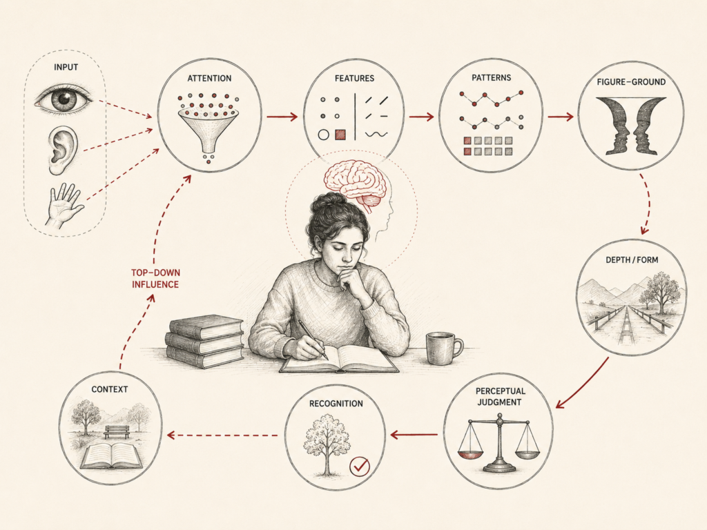 Restrained institutional research illustration showing perception as a cognitive process that filters sensory input through attention, feature detection, pattern recognition, figure-ground organization, depth and form interpretation, context, recognition, and perceptual judgment.