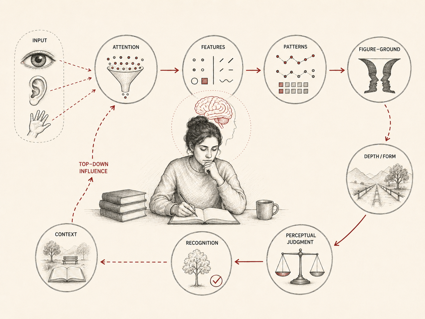 Restrained institutional research illustration showing perception as a cognitive process that filters sensory input through attention, feature detection, pattern recognition, figure-ground organization, depth and form interpretation, context, recognition, and perceptual judgment.