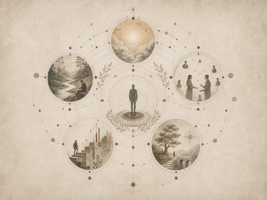 Restrained academic illustration of a central human figure surrounded by five interconnected well-being domains representing positive emotion, engagement, relationships, meaning, and accomplishment.