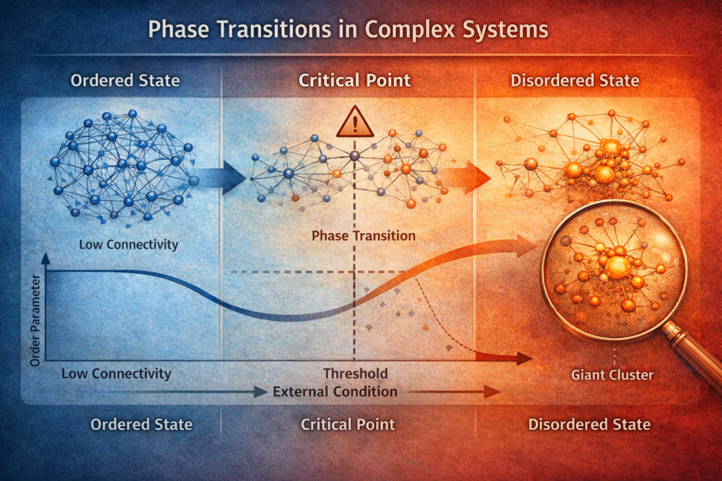 Illustration showing phase transitions in complex systems, depicting ordered network structures, a critical threshold point, and a disordered state where connectivity reorganizes into a new system structure.