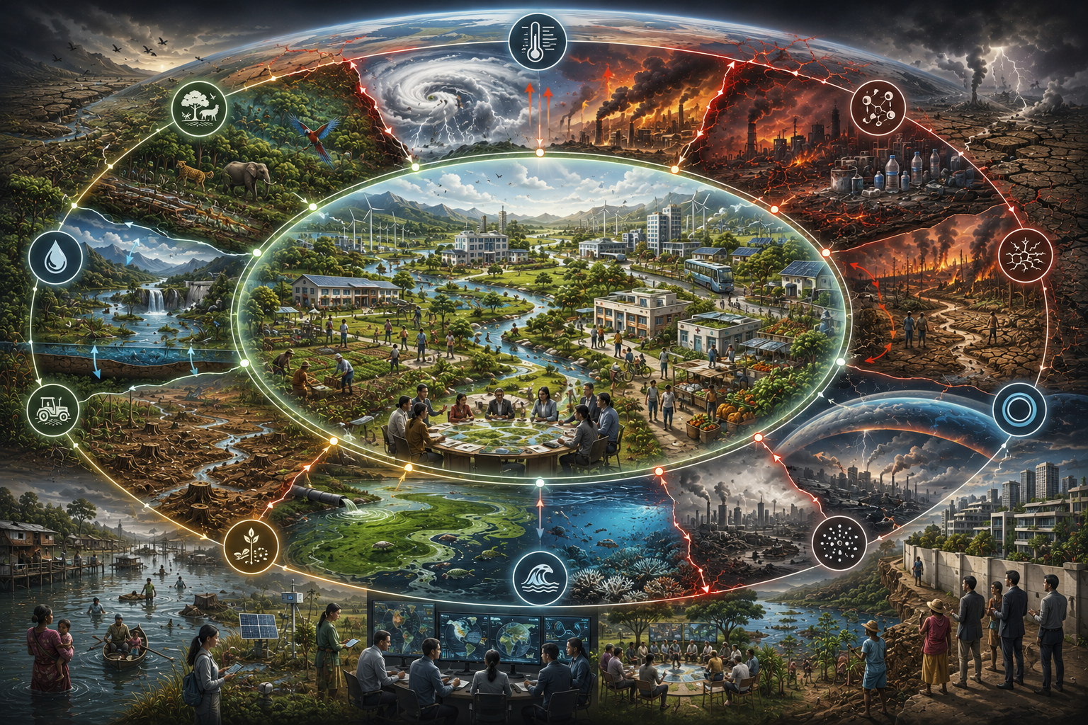 Abstract sustainability illustration of planetary boundaries and sustainable development, showing safe operating space, Earth-system stability, climate change, biosphere integrity, freshwater change, land systems, nutrient flows, ocean stress, pollution, governance, justice, and long-run human viability.