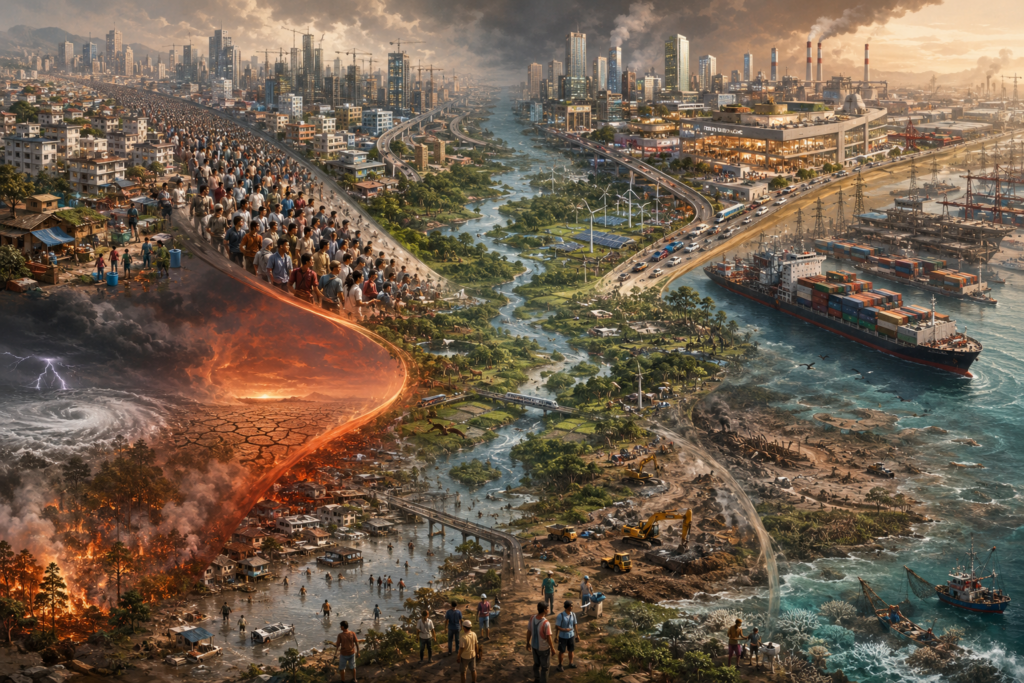 Editorial sustainability illustration showing population growth, affluence, climate change, and ecosystem degradation converging as interacting pressures on the Earth system.