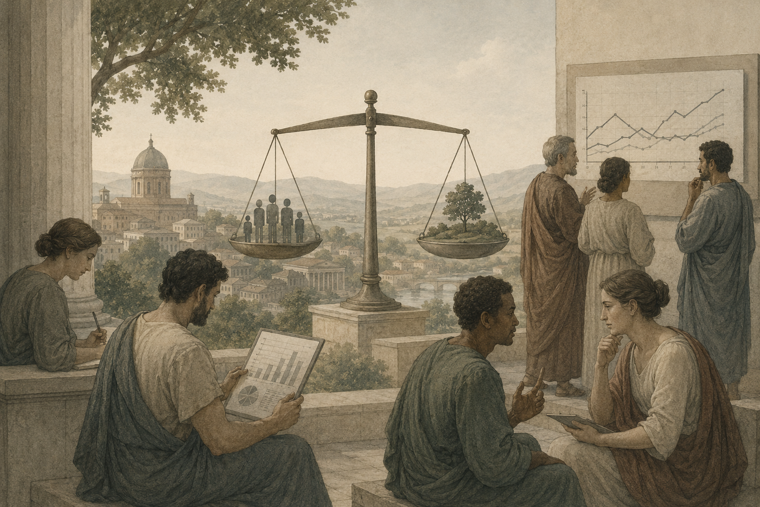 Restrained illustrated scene of scholars examining charts beside a balance scale weighing society and ecology, symbolizing the politics of well-being metrics.