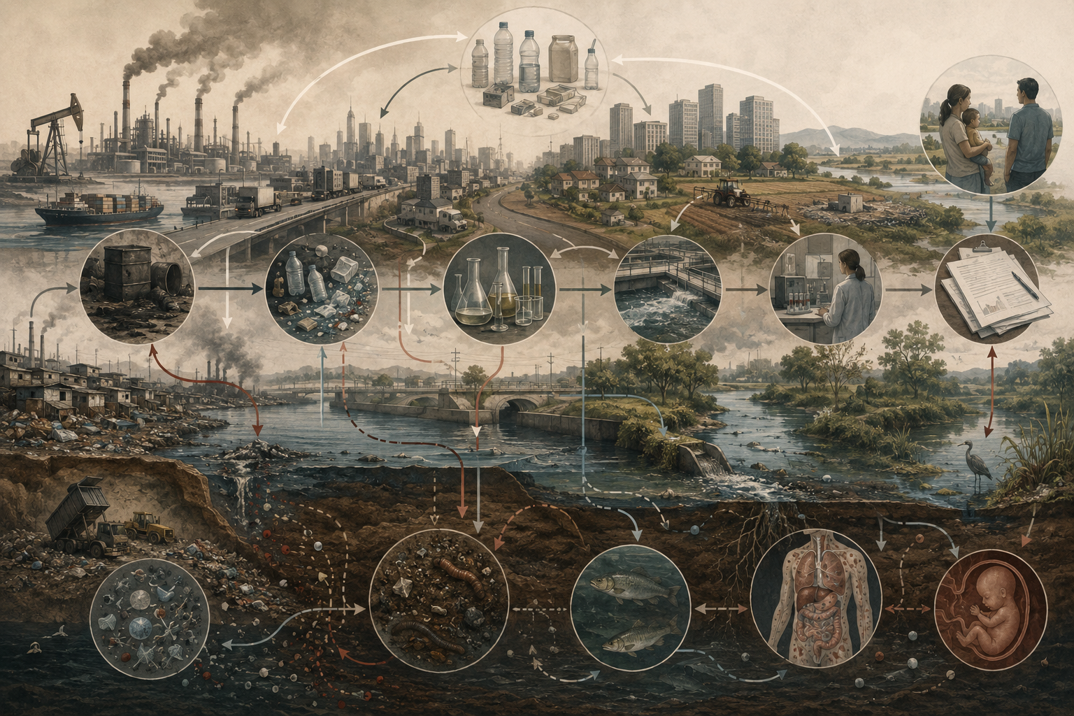 Editorial sustainability illustration showing pollution and novel entities as an interconnected system linking industry, waste, chemicals, waterways, soil contamination, ecosystems, public health, regulation, and long-run development risk.