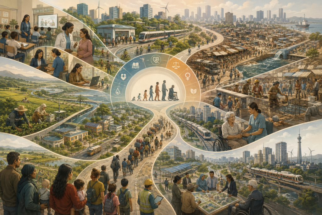 Editorial sustainability illustration showing demographic transition, age structure, education, healthcare, labor markets, migration, urbanization, care systems, infrastructure, and ecological pressure across connected development pathways.