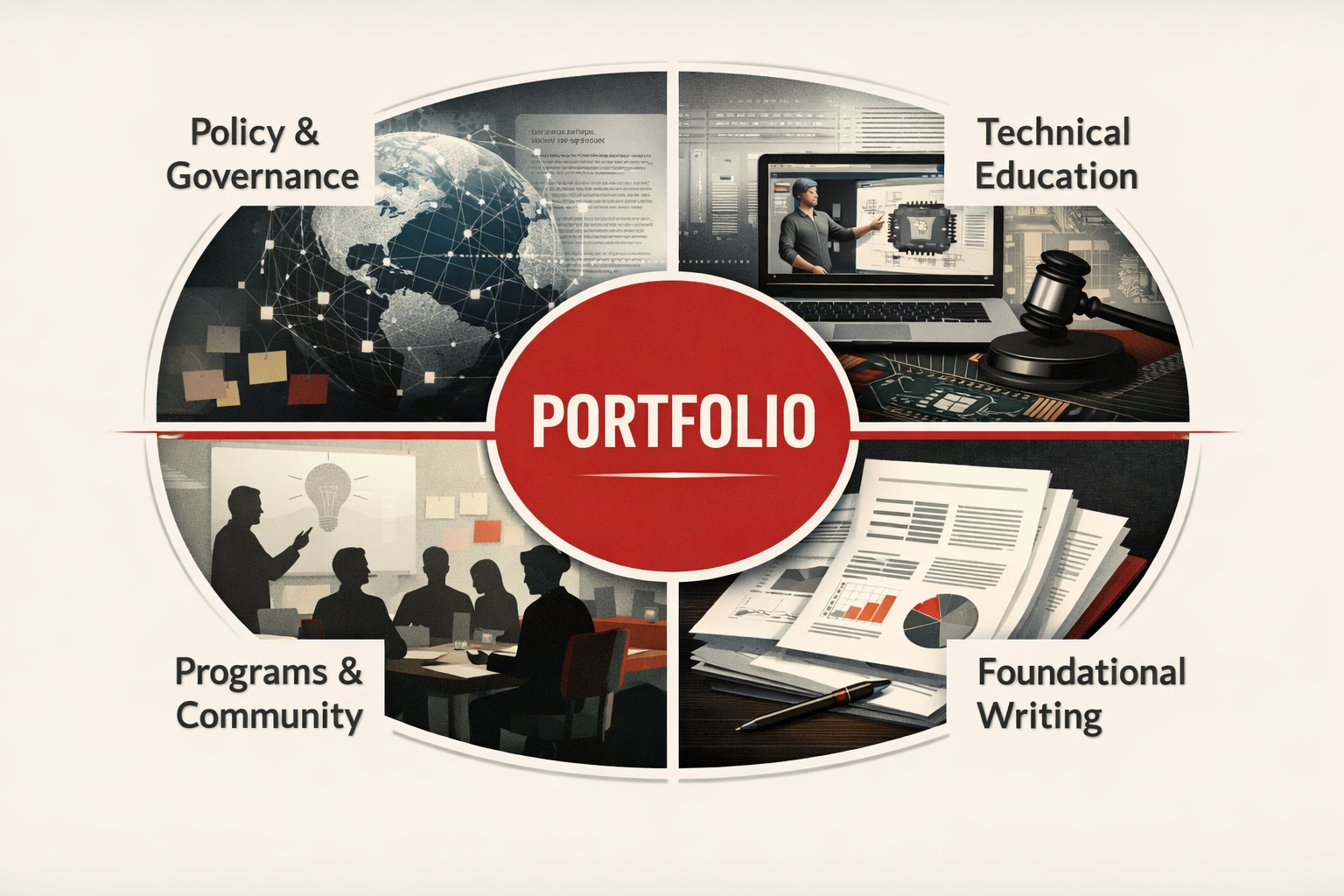 Portfolio diagram showing four work domains: policy and governance, technical education, programs and community, and foundational writing.