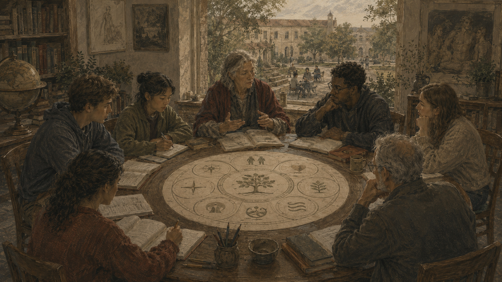 Restrained institutional illustration of students and educators gathered around a circular learning diagram, symbolizing positive education, well-being, and resilience in schools.